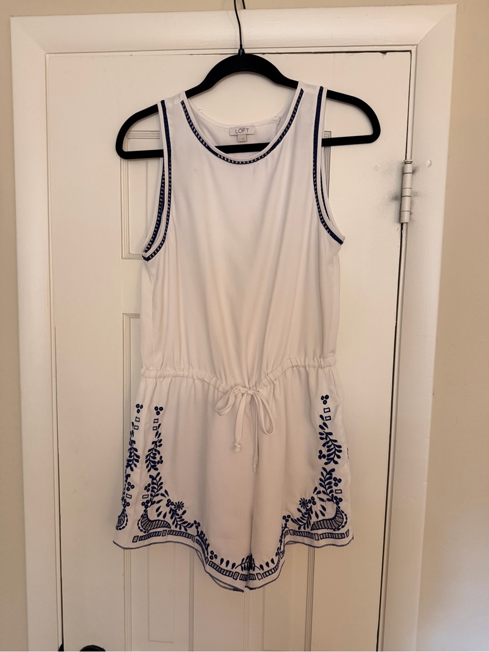LOFT White Sleeveless Shorts Romper with Navy Embroidery